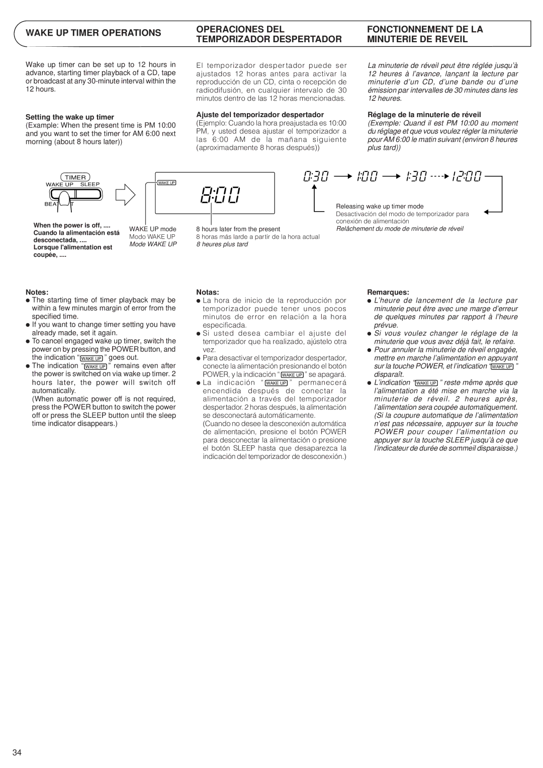 JVC PC-XC8 Wake UP Timer Operations, Operaciones DEL Temporizador Despertador, Fonctionnement DE LA Minuterie DE Reveil 