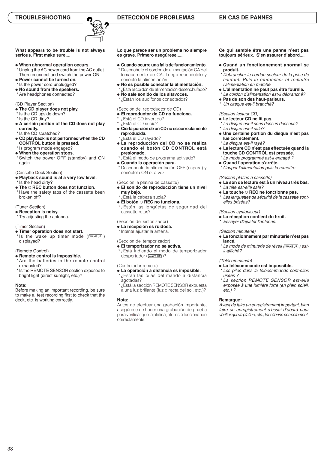 JVC PC-XC8, PC-XC12 manual Troubleshooting Deteccion DE Problemas EN CAS DE Pannes 