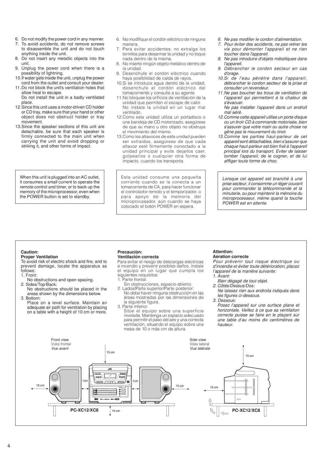 JVC PC-XC8, PC-XC12 manual Proper Ventilation, Precaución Ventilación correcta, Aération correcte, Vue latérale 