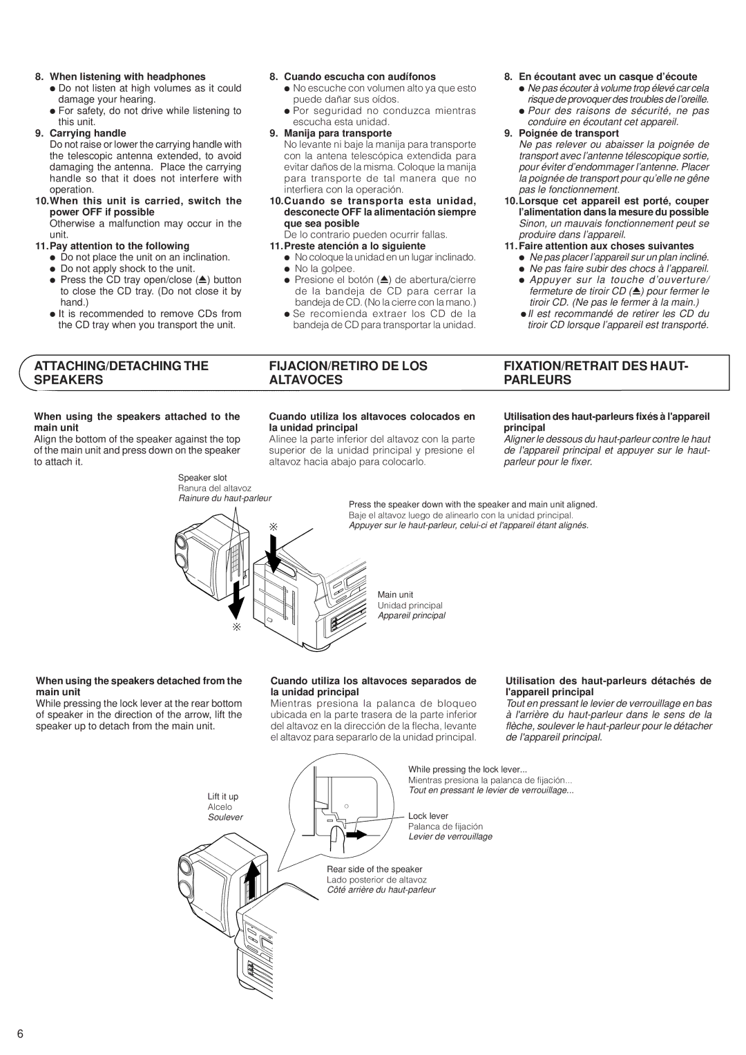 JVC PC-XC8 When listening with headphones, Carrying handle, When this unit is carried, switch the power OFF if possible 