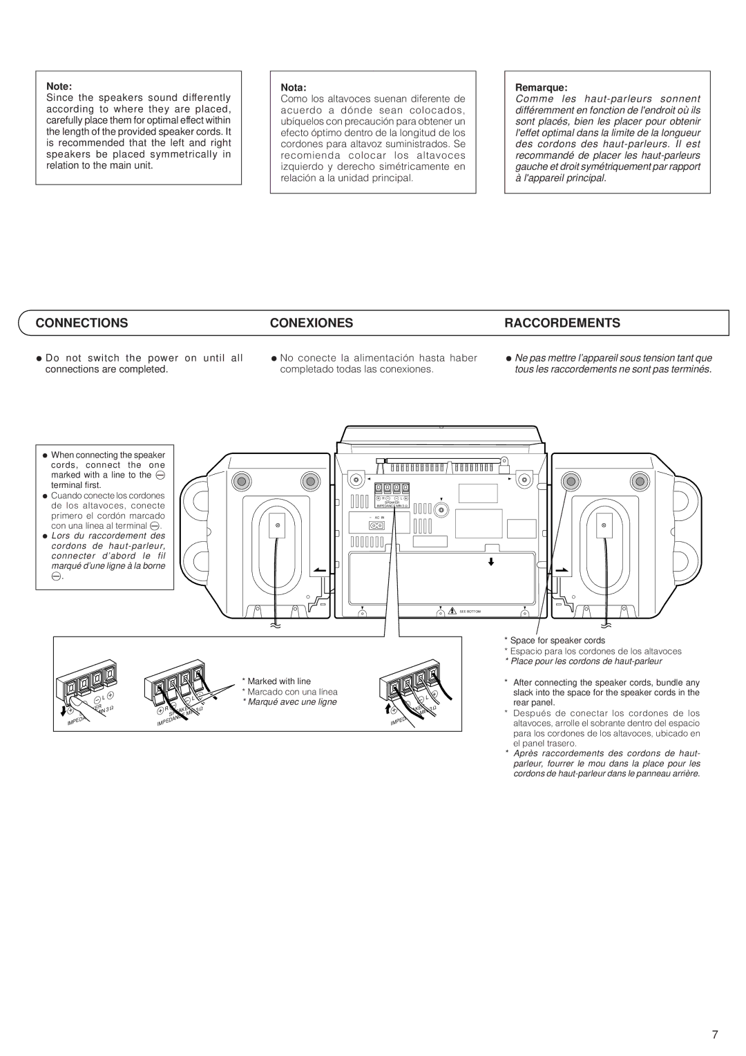 JVC PC-XC12, PC-XC8 manual Connections Conexiones Raccordements, Nota, Remarque, Marqué avec une ligne 