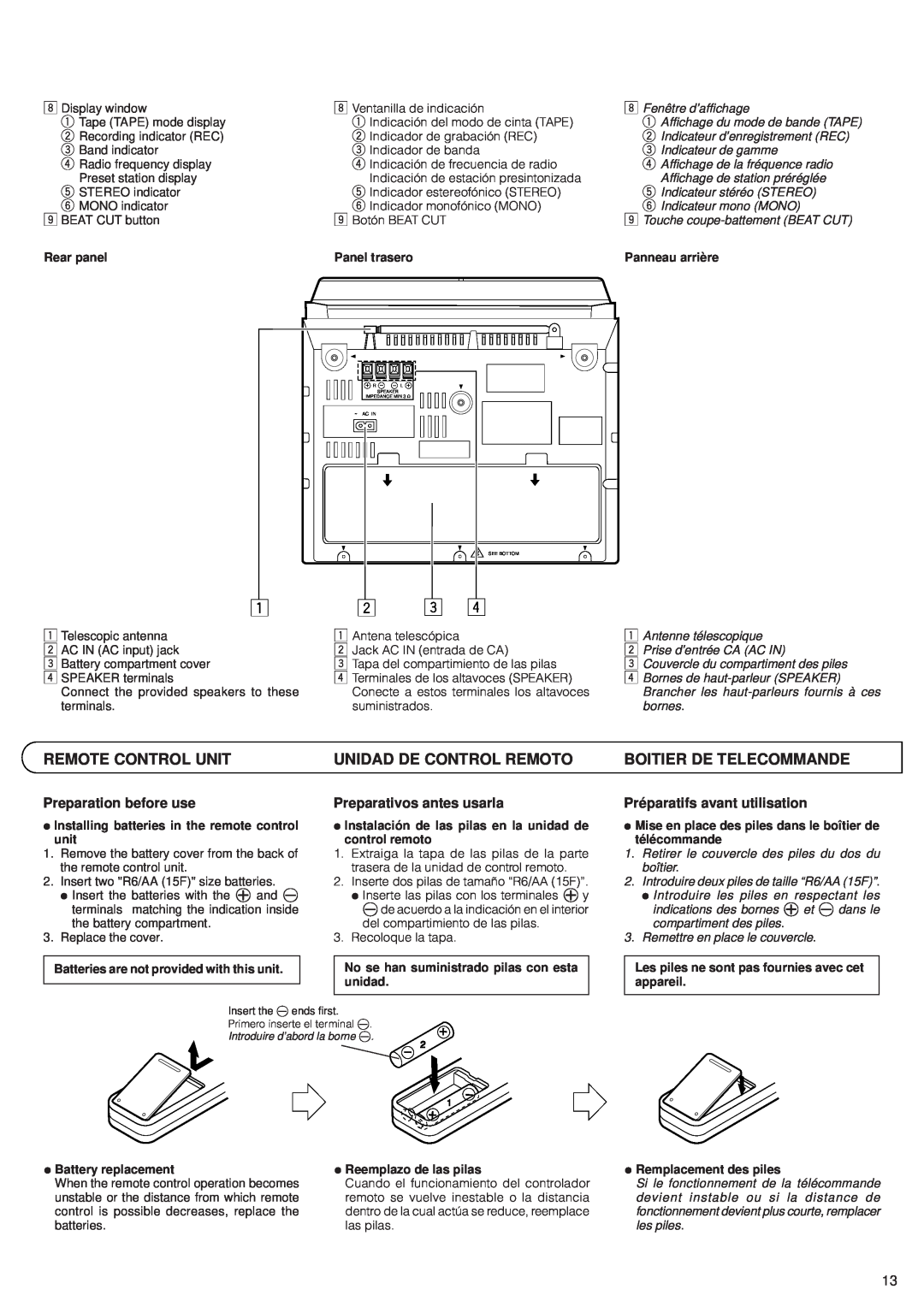 JVC PC-XC12, PC-XC8 manual Remote Control Unit, Unidad De Control Remoto, Boitier De Telecommande, Preparation before use 