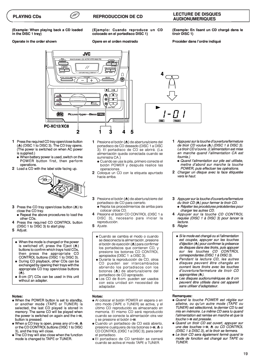 JVC PC-XC8 manual PLAYING CDs, Reproduccion De Cd, Lecture De Disques Audionumeriques, PC-XC12/XC8 
