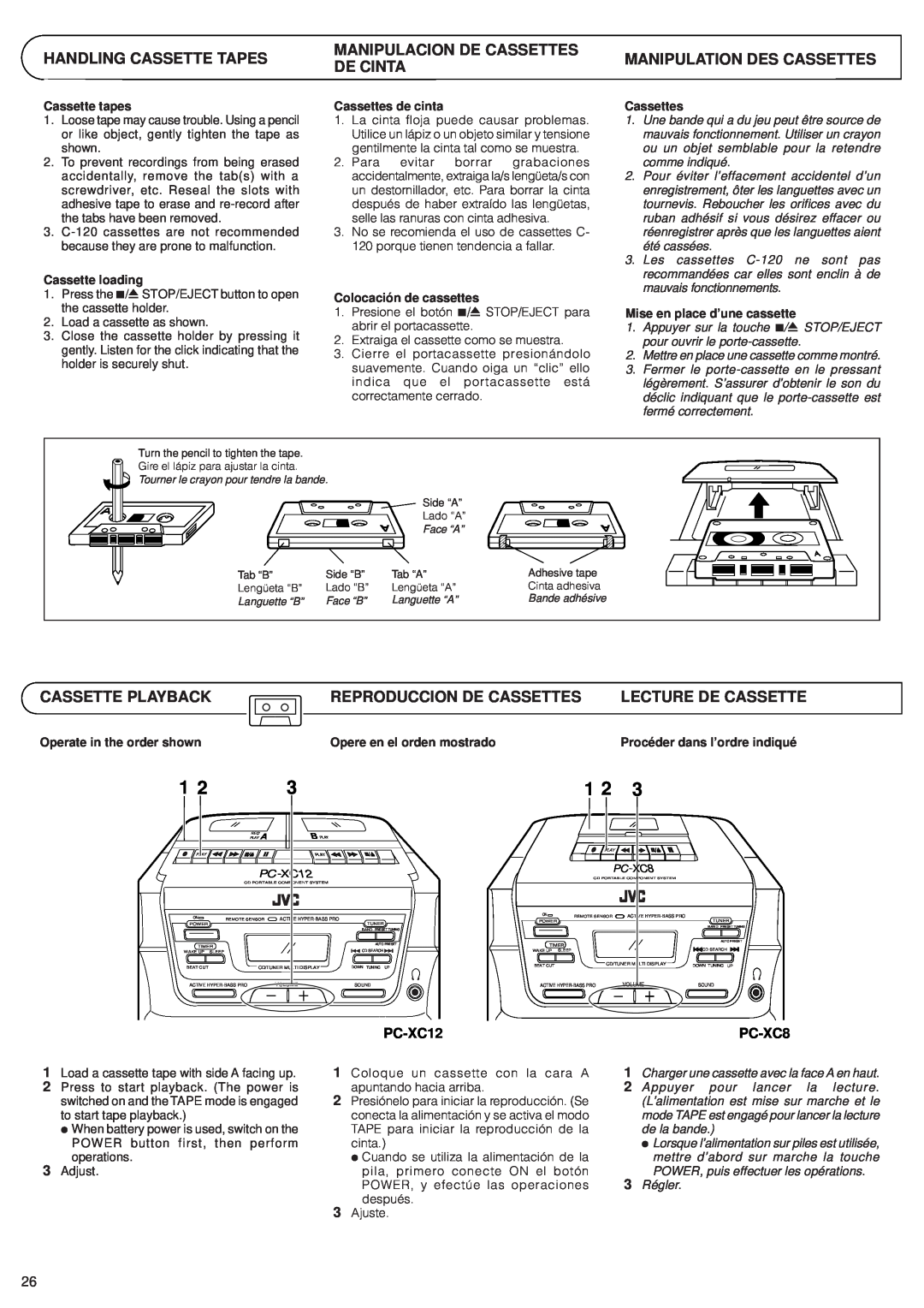 JVC PC-XC8 manual Manipulacion De Cassettes, Cassette Playback, Reproduccion De Cassettes, Lecture De Cassette, PC-XC12 
