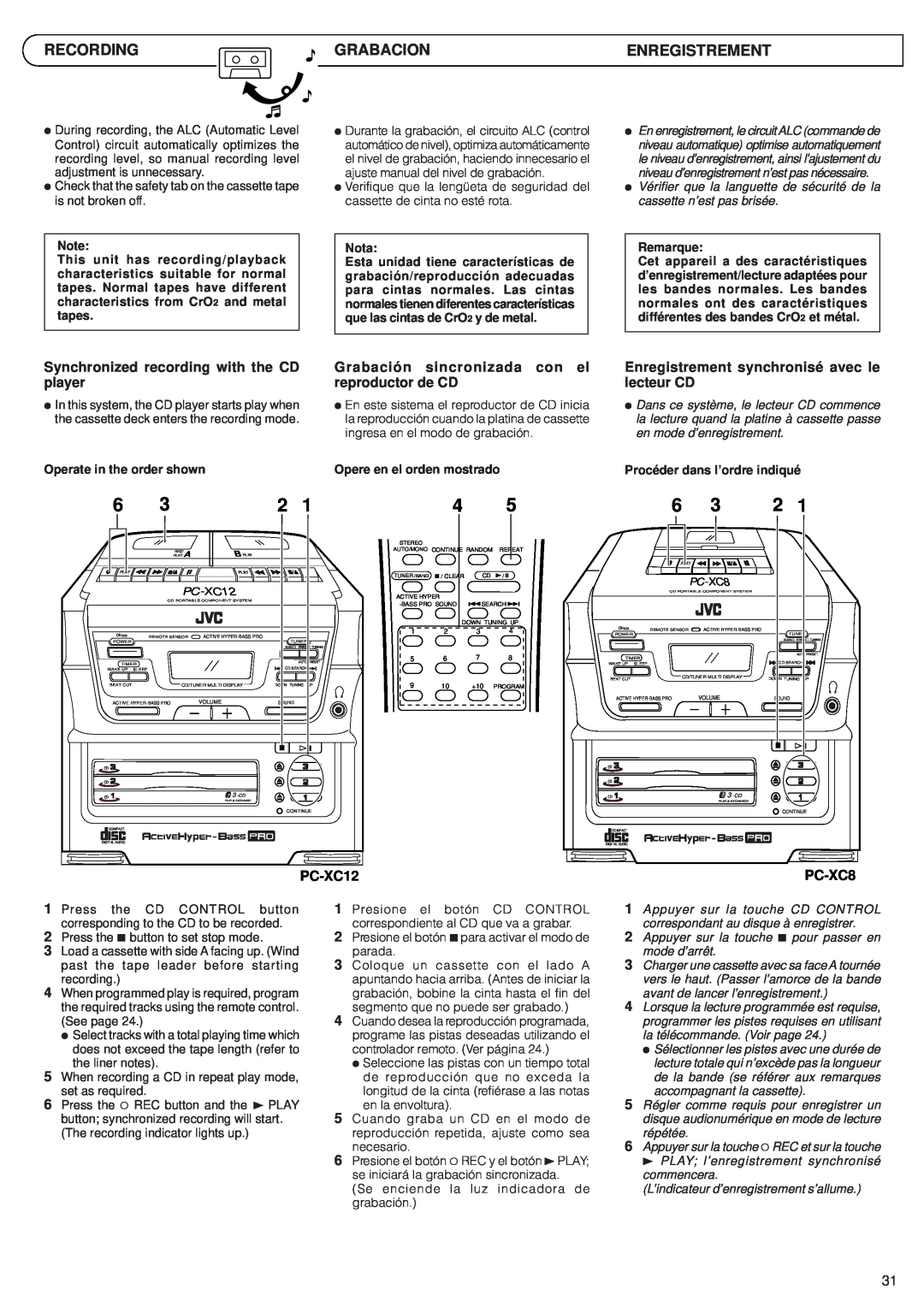 JVC PC-XC12 manual Recording, Grabacion, Enregistrement, Synchronized recording with the CD player, PC-XC8 
