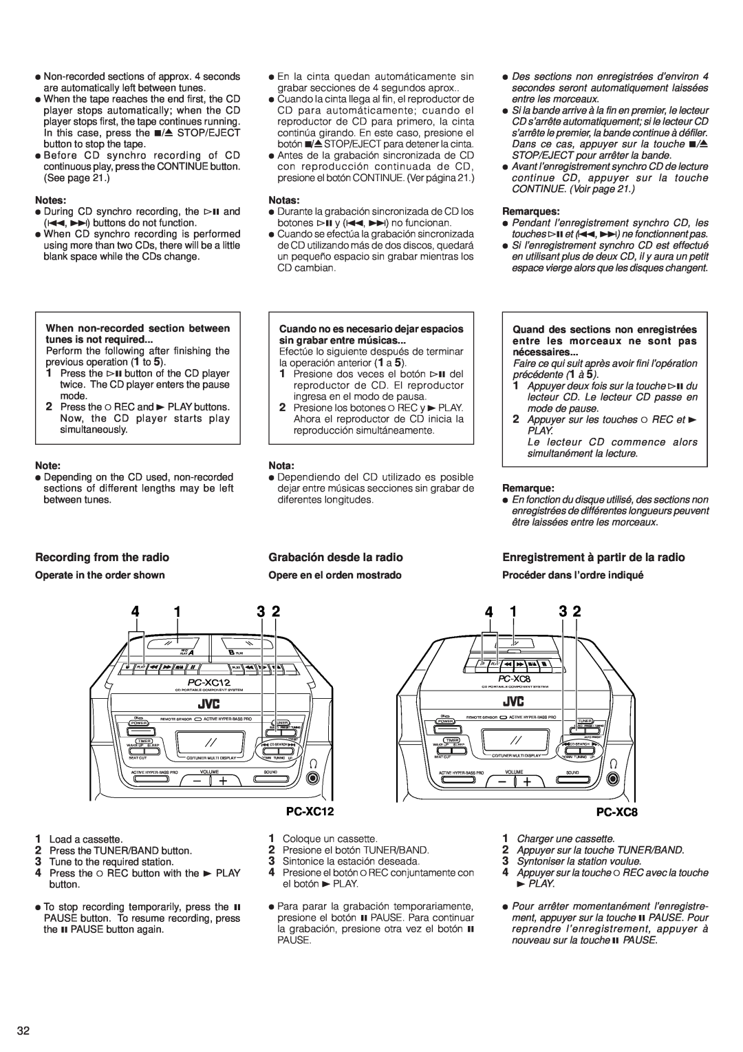 JVC PC-XC8 manual Recording from the radio, Grabación desde la radio, Enregistrement à partir de la radio, PC-XC12 