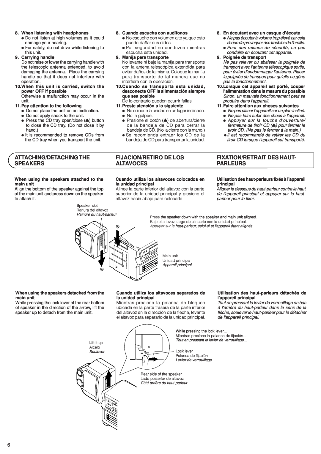JVC PC-XC8 manual Attaching/Detaching The, Fijacion/Retiro De Los, Fixation/Retrait Des Haut, Speakers, Altavoces, Parleurs 
