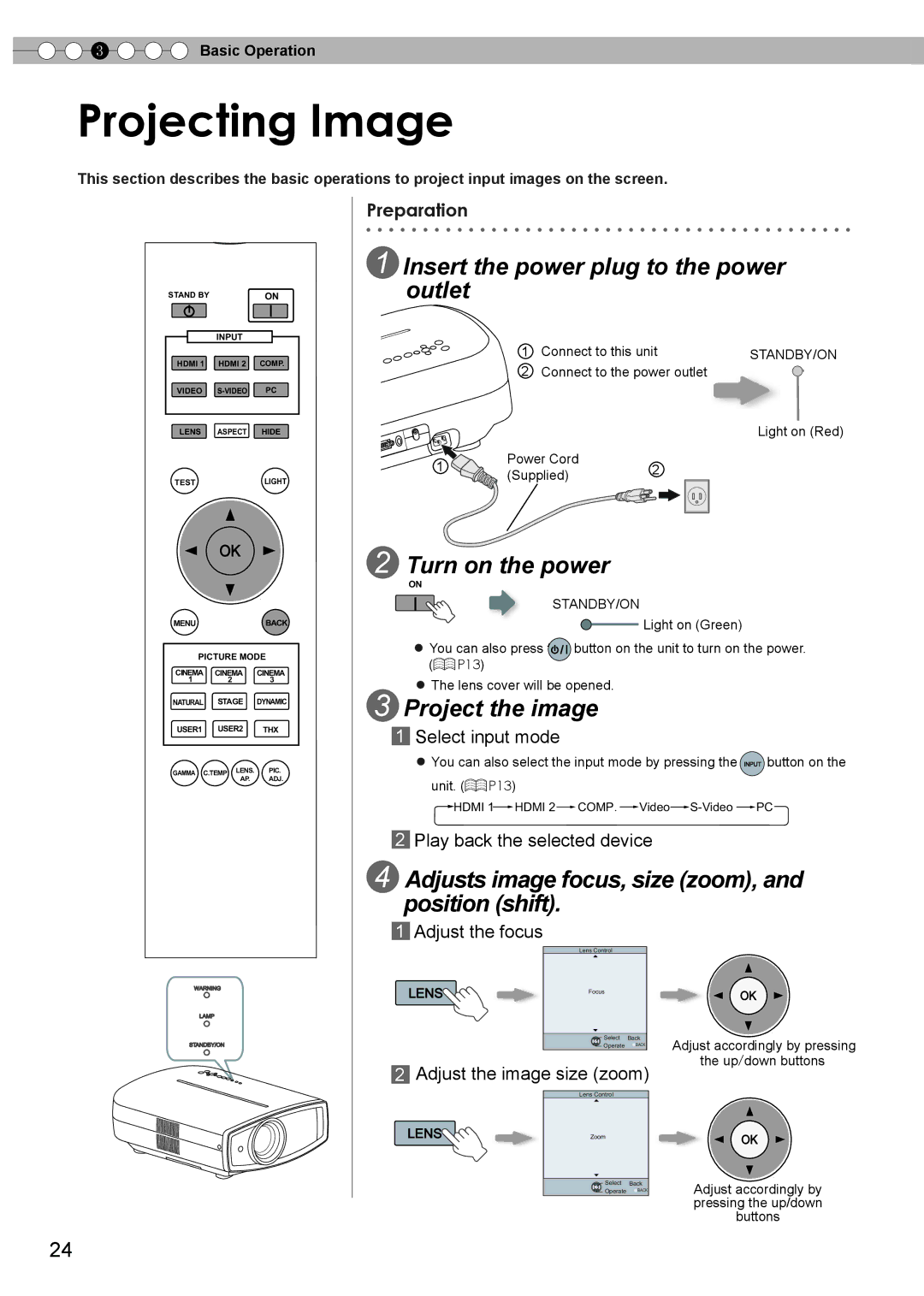 JVC PC007182399-1 Projecting Image, Insert the power plug to the power outlet, Turn on the power, Project the image 