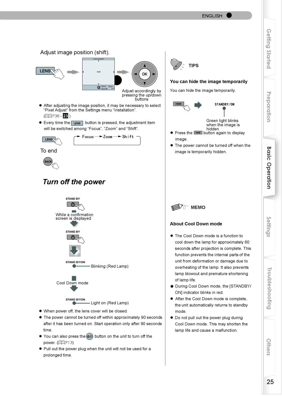 JVC PC007182399-1 warranty Turn off the power, You can hide the image temporarily, Focus Zoom Shift, About Cool Down mode 