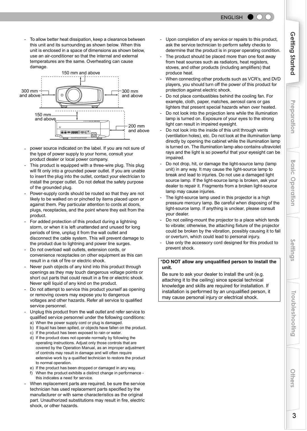 JVC PC007182399-1 warranty English, Do not allow any unqualified person to install the unit 