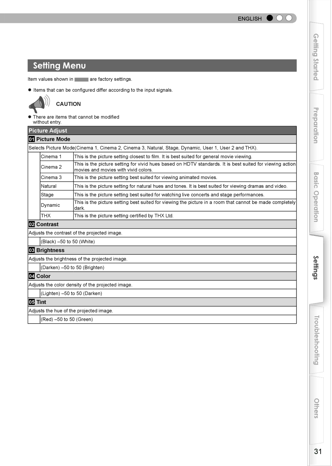 JVC PC007182399-1 warranty Setting Menu, Picture Adjust 