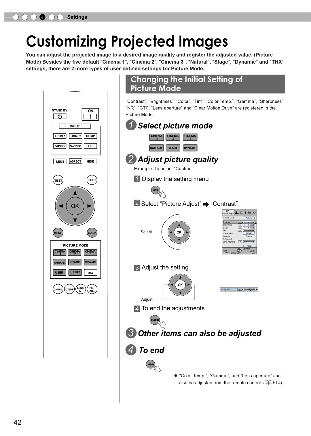 JVC PC007182399-1 warranty Customizing Projected Images, Changing the Initial Setting Picture Mode, Select picture mode 