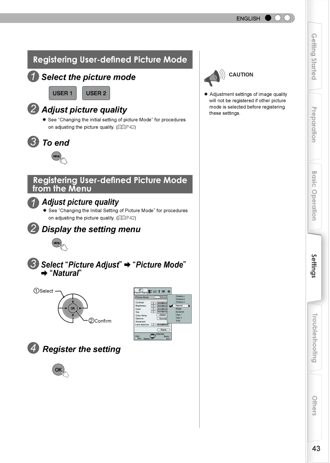 JVC PC007182399-1 warranty Registering User-defined Picture Mode, Select the picture mode Adjust picture quality 