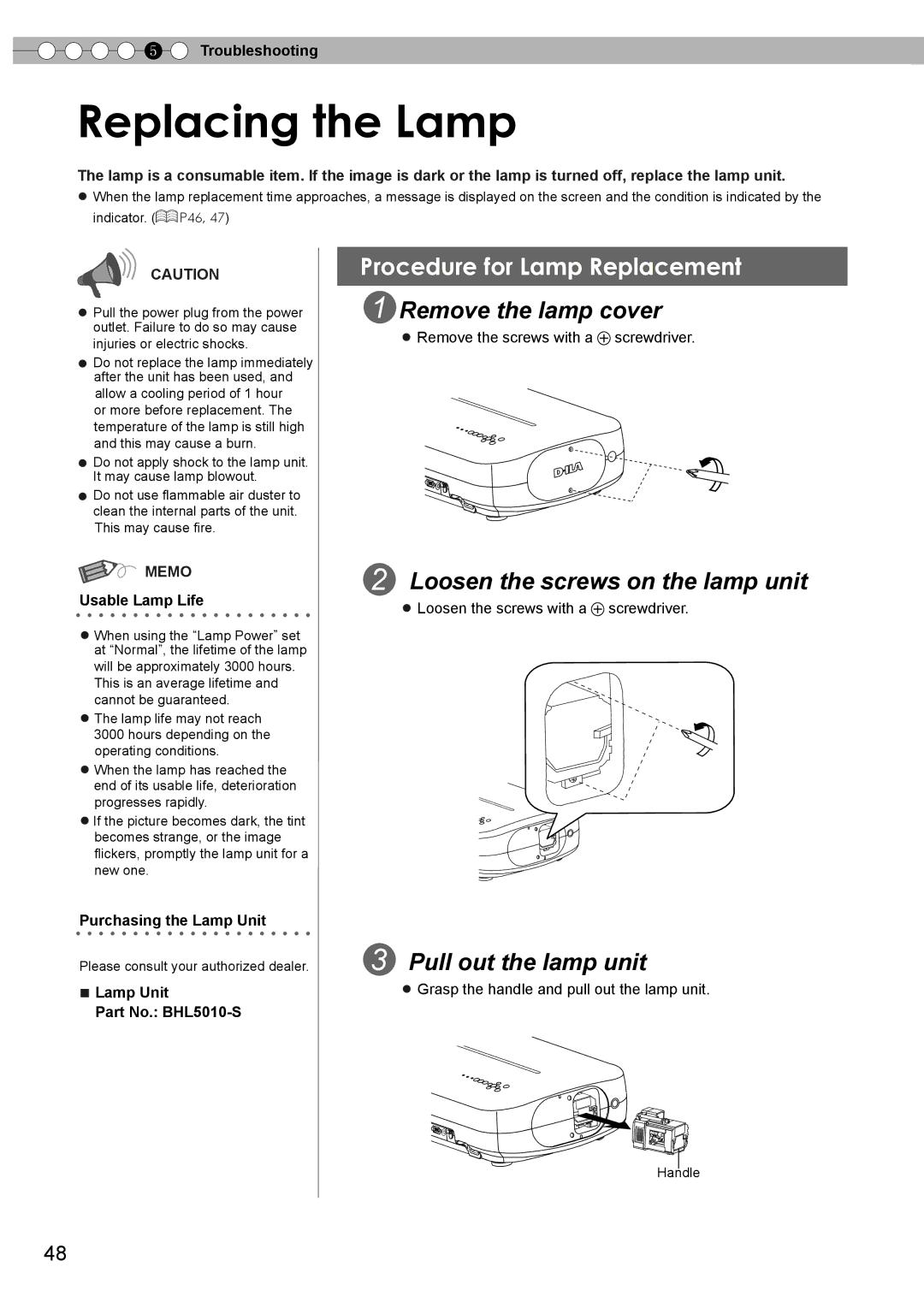 JVC PC007182399-1 Replacing the Lamp, Remove the lamp cover, Loosen the screws on the lamp unit, Pull out the lamp unit 