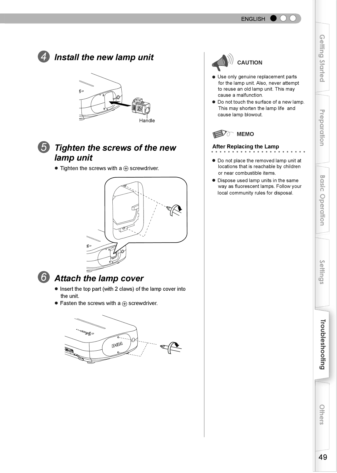 JVC PC007182399-1 warranty Install the new lamp unit, Tighten the screws of the new lamp unit, Attach the lamp cover 