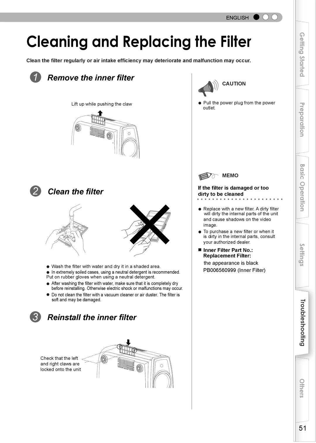 JVC PC007182399-1 Cleaning and Replacing the Filter, Remove the inner filter, Clean the filter, Reinstall the inner filter 