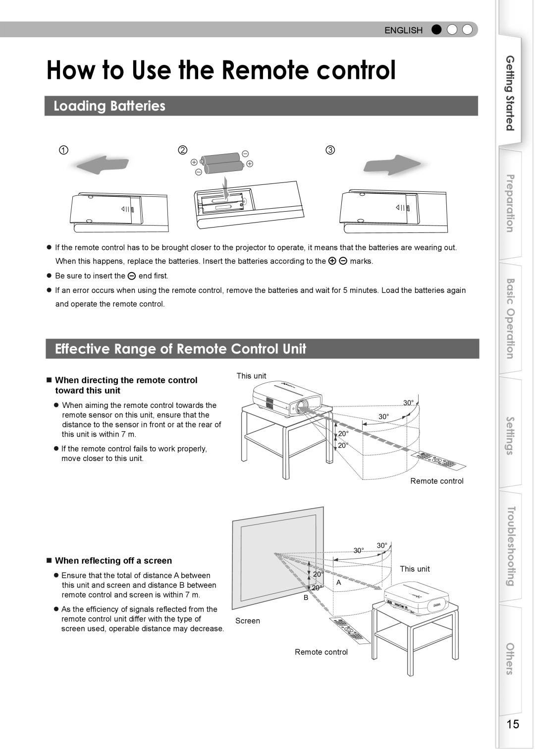 JVC PC007182399-1 How to Use the Remote control, Loading Batteries, Effective Range of Remote Control Unit, Settings 