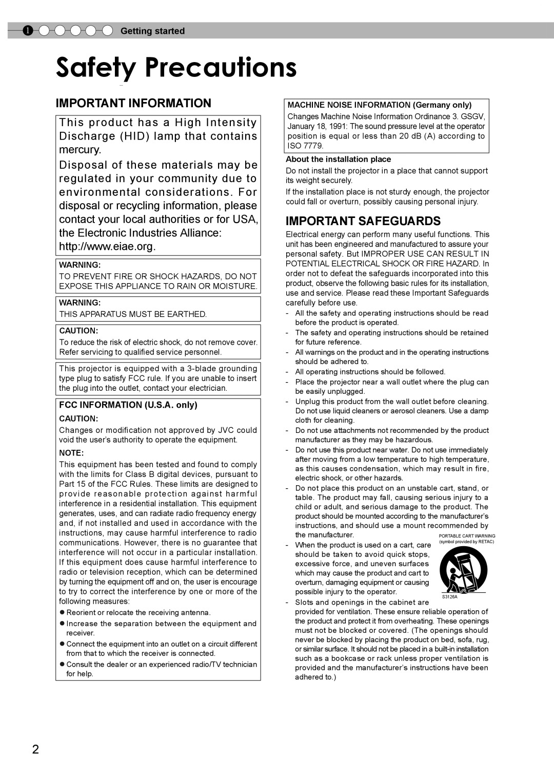 JVC PC007182399-1 warranty Safetyf ty PrecautionsPrecautions, Important Information, Important Safeguards, Getting started 