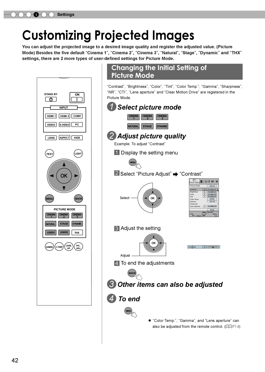 JVC PC007182399-1 Customizing Projected Images, Changing the Initial Setting of Picture Mode, Select picture mode, Adjust 