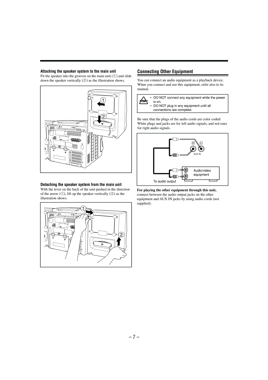 JVC SP-PCX290CA, PCX290SP, PC-X290 manual Connecting Other Equipment, Attaching the speaker system to the main unit 