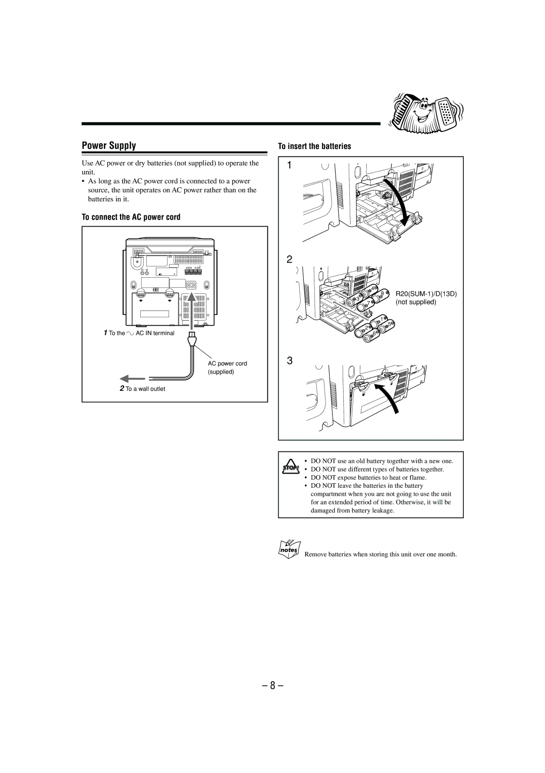 JVC PC-X290, PCX290SP, SP-PCX290CA Power Supply, To connect the AC power cord, To insert the batteries, Not supplied 