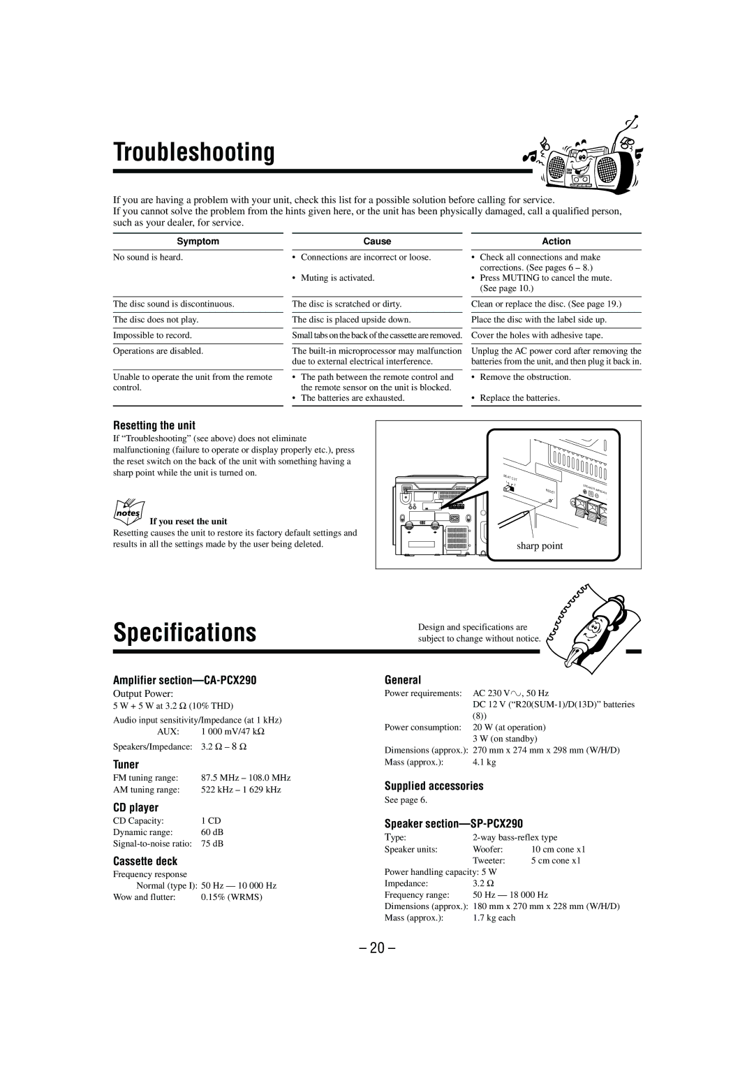 JVC PC-X290, PCX290SP, SP-PCX290CA manual Troubleshooting, Specifications 