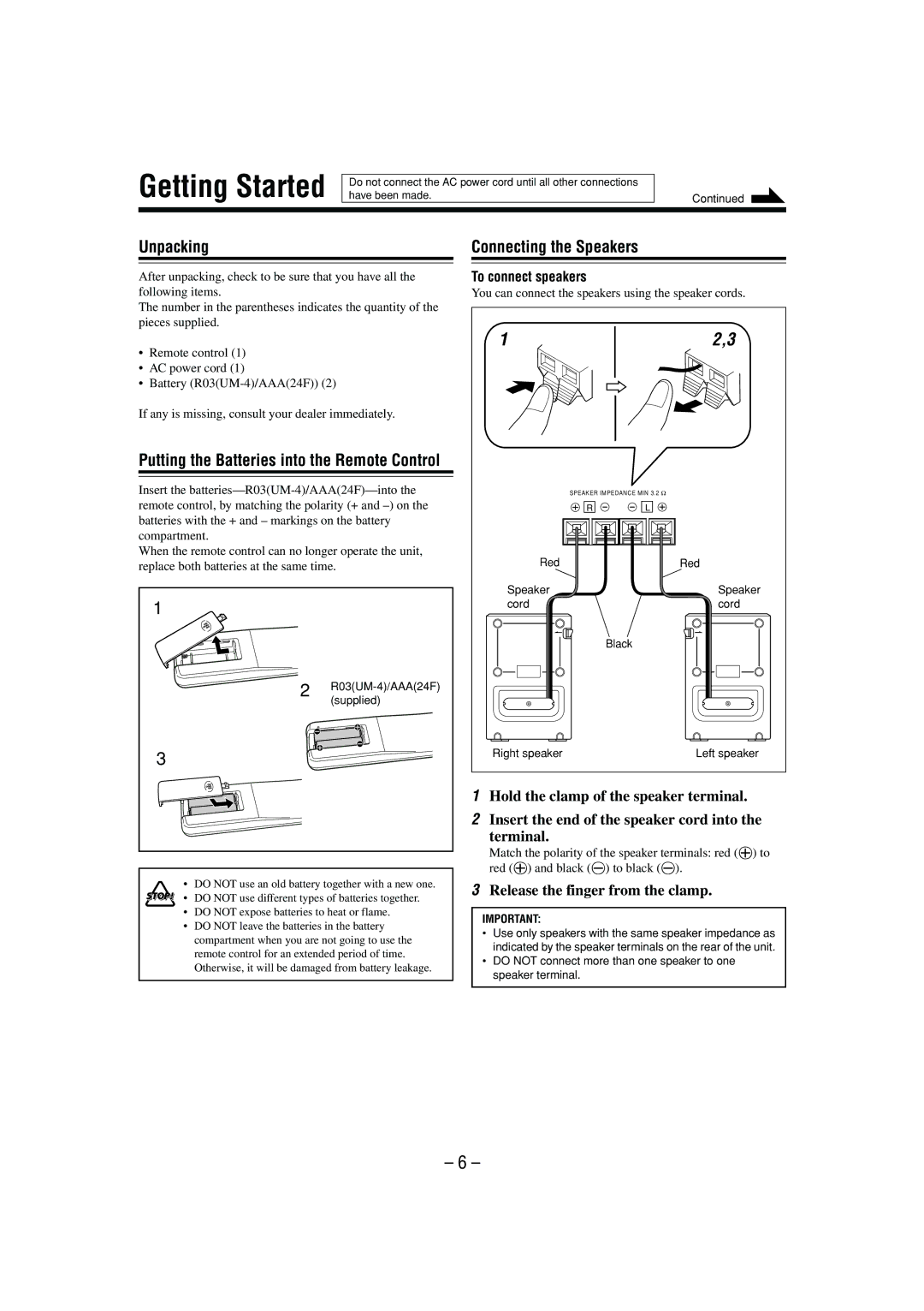 JVC PCX290SP, SP-PCX290CA manual Unpacking, Connecting the Speakers, Release the finger from the clamp, To connect speakers 