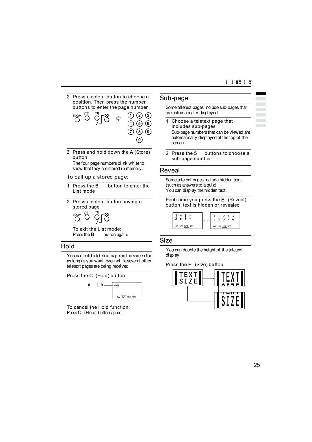 JVC PD-42B50BU, PD-35B50BU, PD-42B50BJ, PD-35B50BJ manual Hold, Sub-page, Reveal, Size, „ To call up a stored 