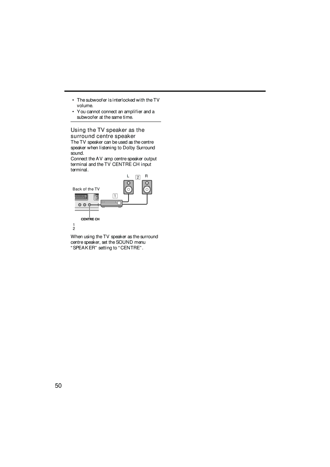 JVC PD-42B50BU, PD-35B50BU, PD-42B50BJ, PD-35B50BJ manual „ Using the TV speaker as the surround centre speaker 