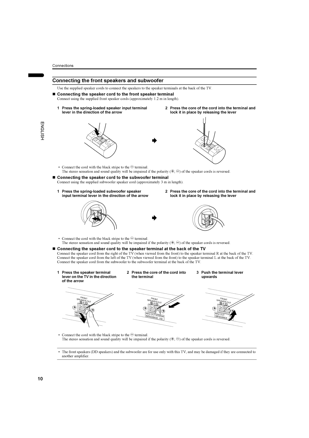 JVC PD-42DX manual Connecting the front speakers and subwoofer, „ Connecting the speaker cord to the front speaker terminal 