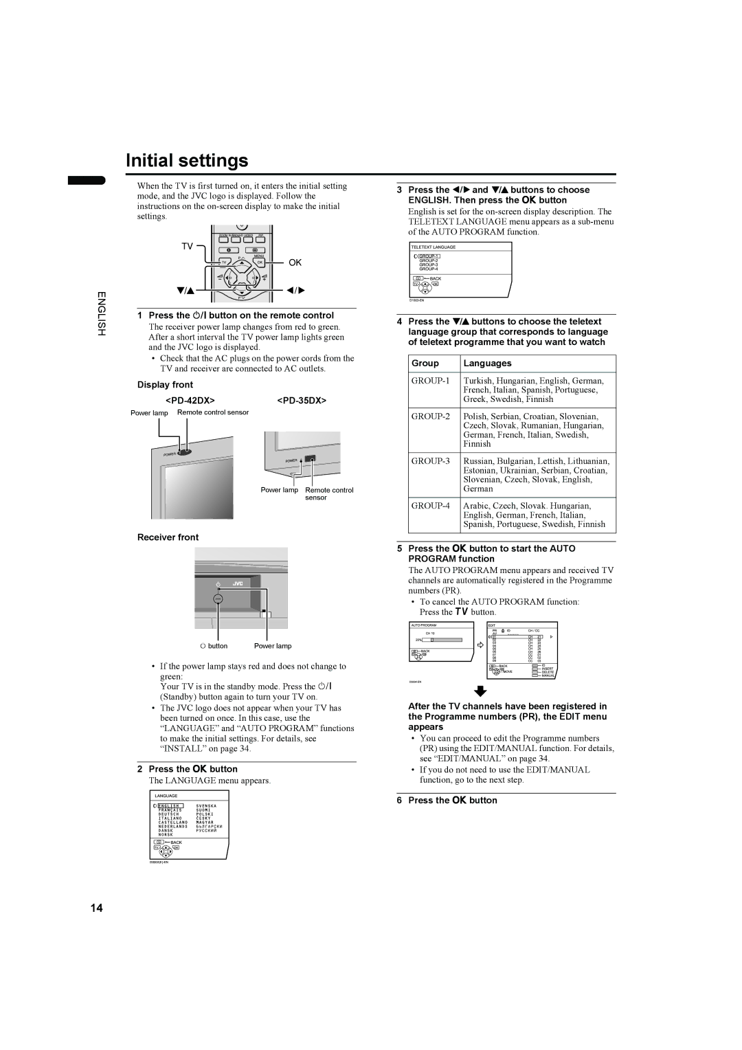 JVC PD-35DX, PD-42DX manual Initial settings 