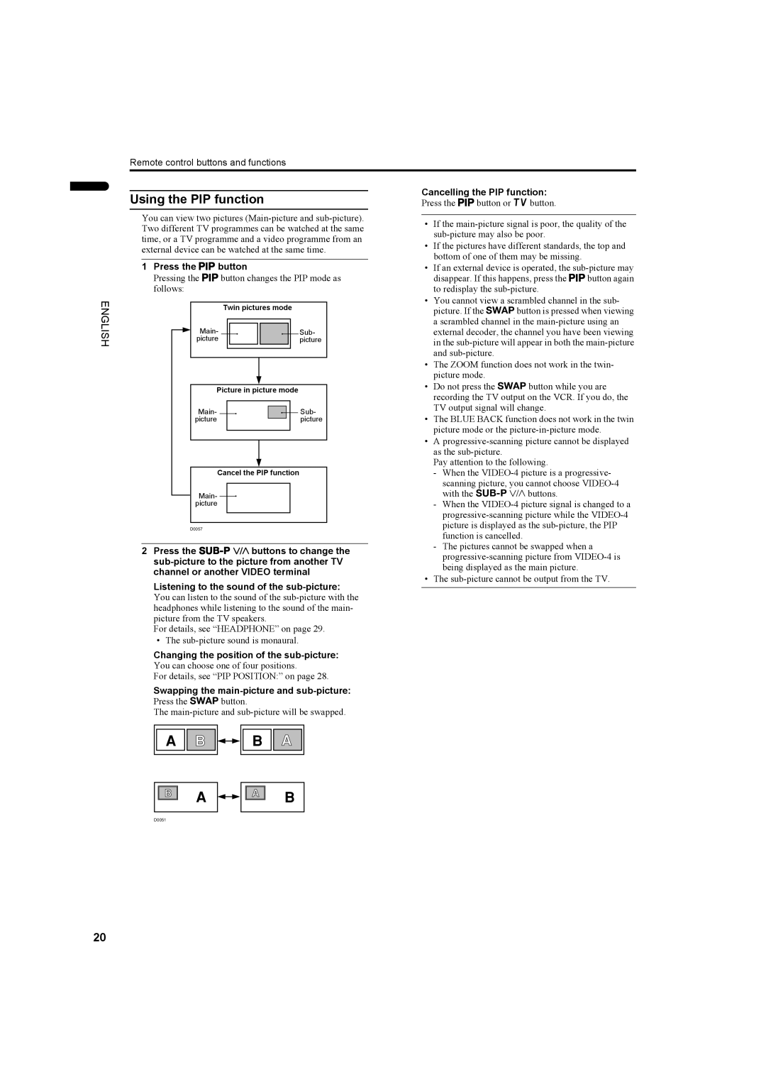 JVC PD-35DX, PD-42DX manual Using the PIP function, Cancelling the PIP function, Press the Pbutton 