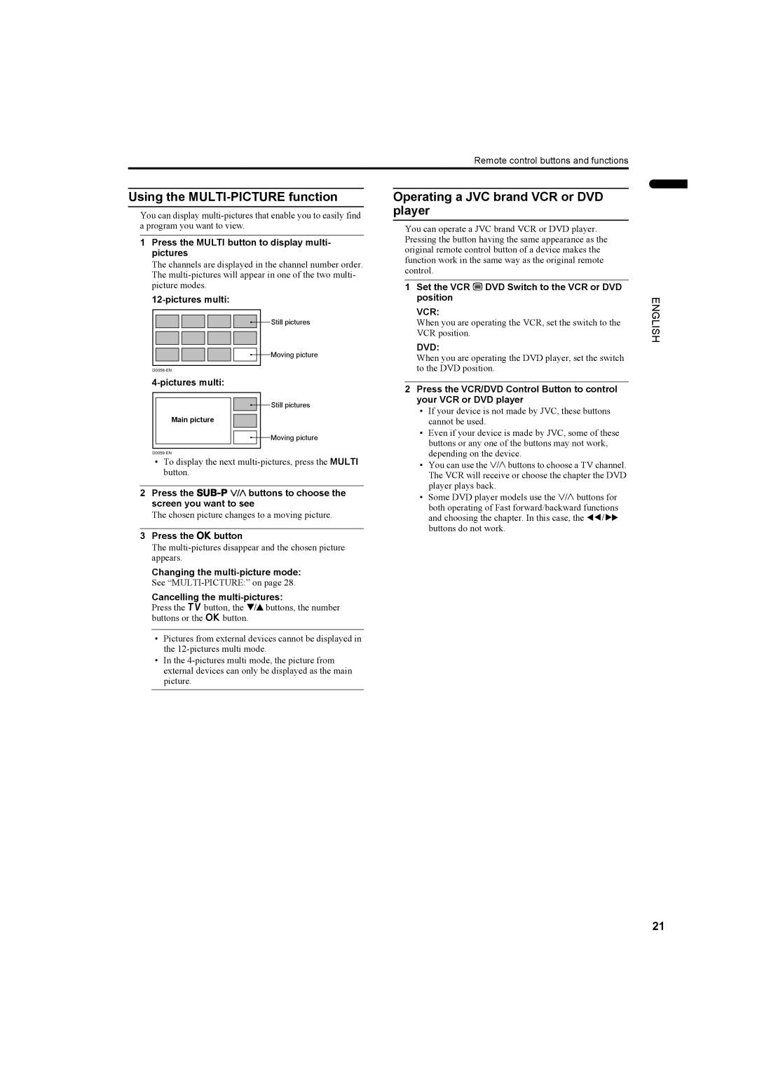 JVC PD-35DX, PD-42DX manual Using the MULTI-PICTURE function, Operating a JVC brand VCR or DVD player, Vcr, Dvd 