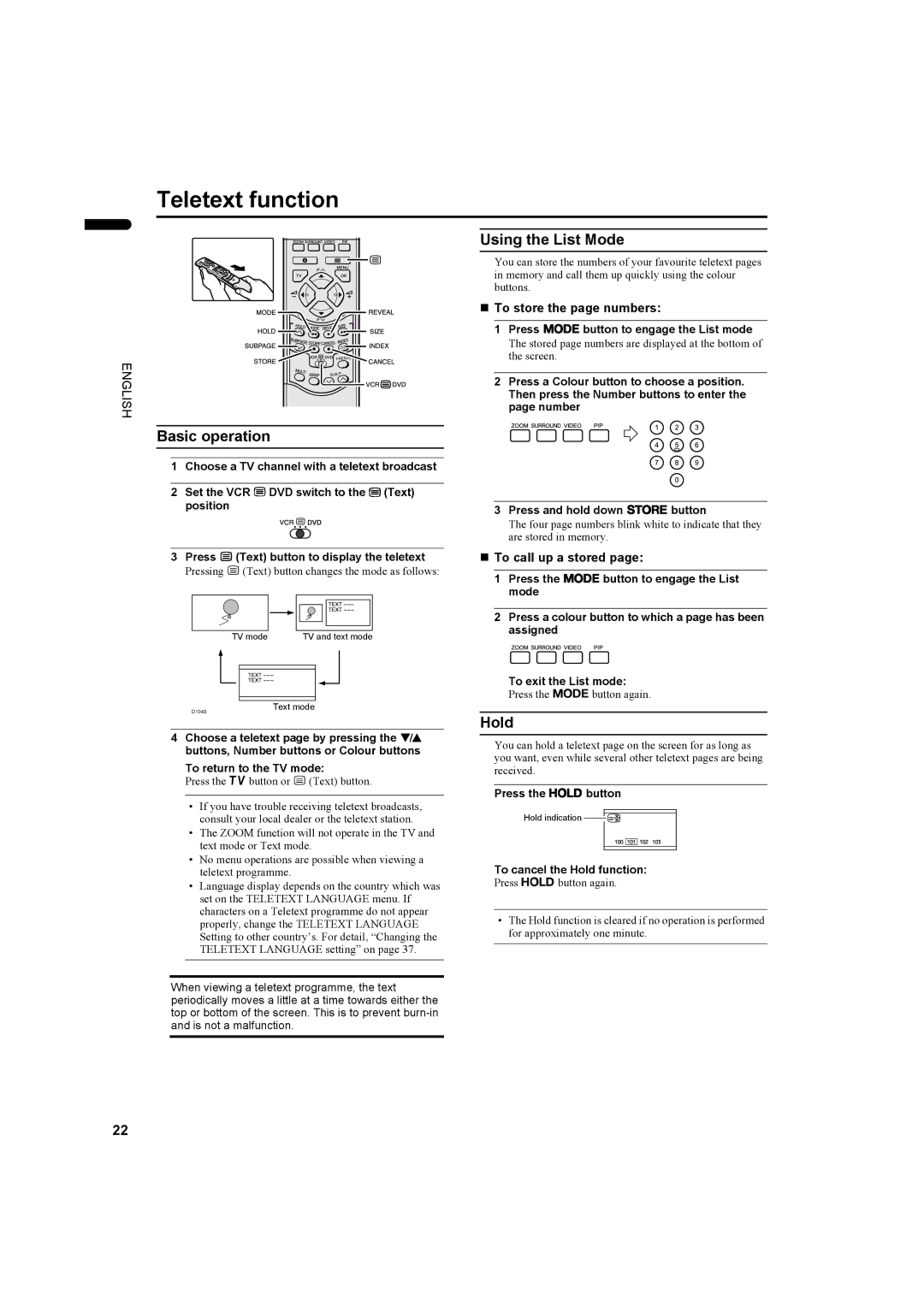 JVC PD-35DX, PD-42DX manual Teletext function, Basic operation, Using the List Mode, Hold 