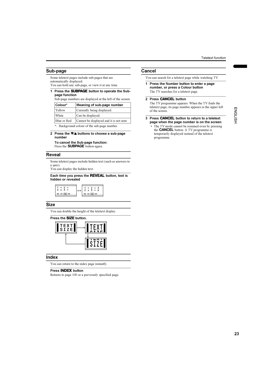 JVC PD-35DX, PD-42DX manual Sub-page, Cancel, Reveal, Size, Index 