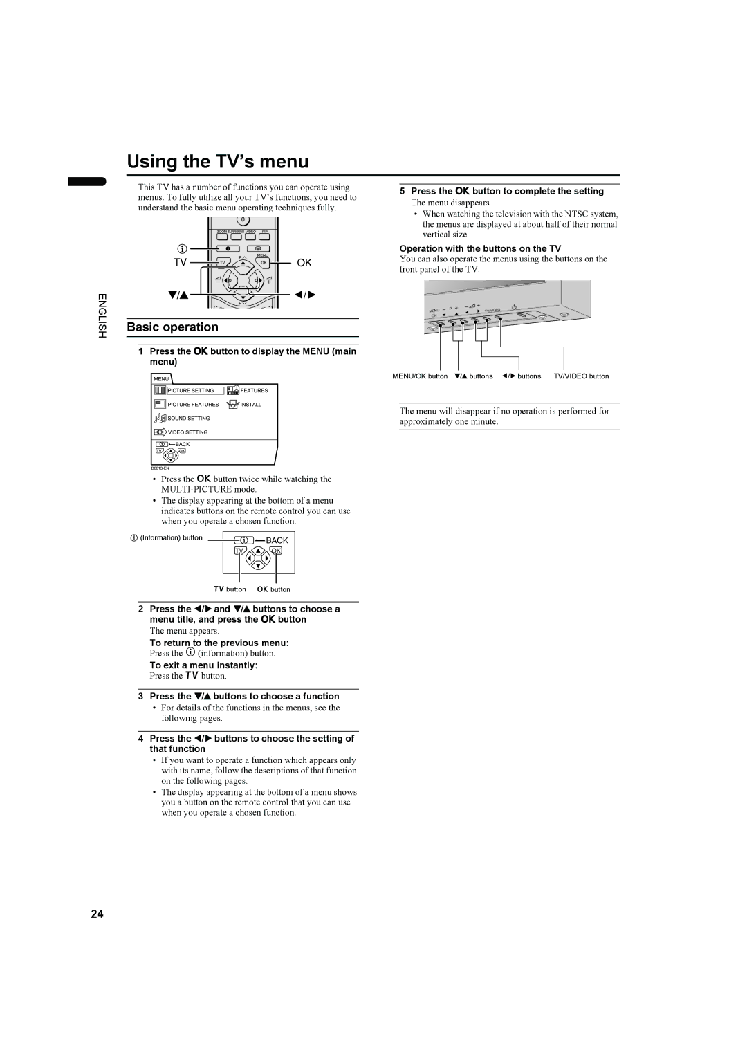 JVC PD-35DX, PD-42DX manual Using the TV’s menu 