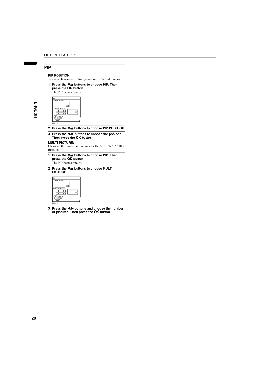 JVC PD-35DX, PD-42DX manual Pip, PIP Position, Multi-Picture, Press the 6 buttons to choose PIP. Then press the abutton 