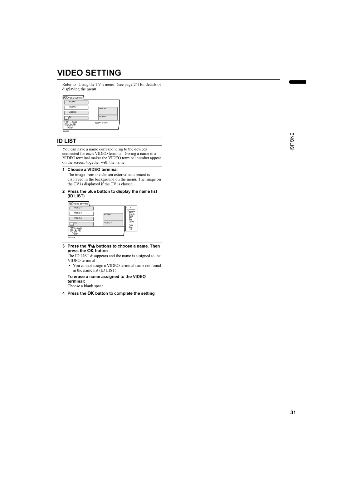 JVC PD-35DX, PD-42DX manual ID List, Choose a Video terminal, To erase a name assigned to the Video terminal 