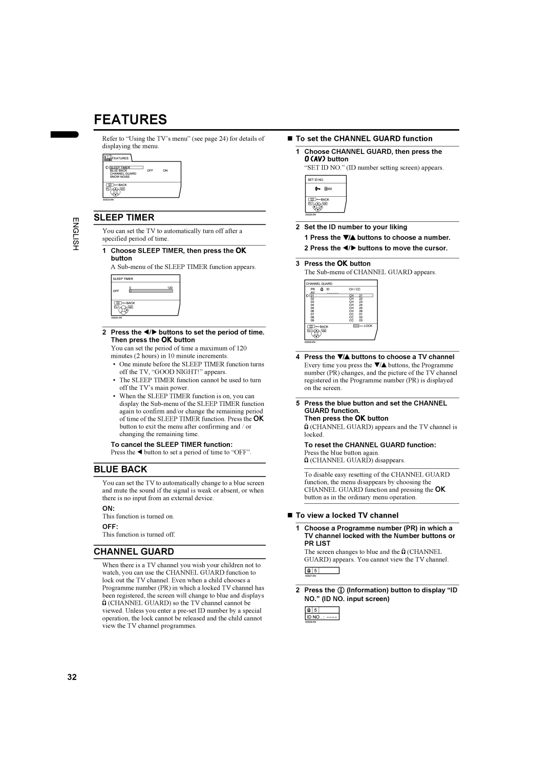 JVC PD-42DX manual Sleep Timer, Blue Back, „ To set the Channel Guard function, „ To view a locked TV channel 