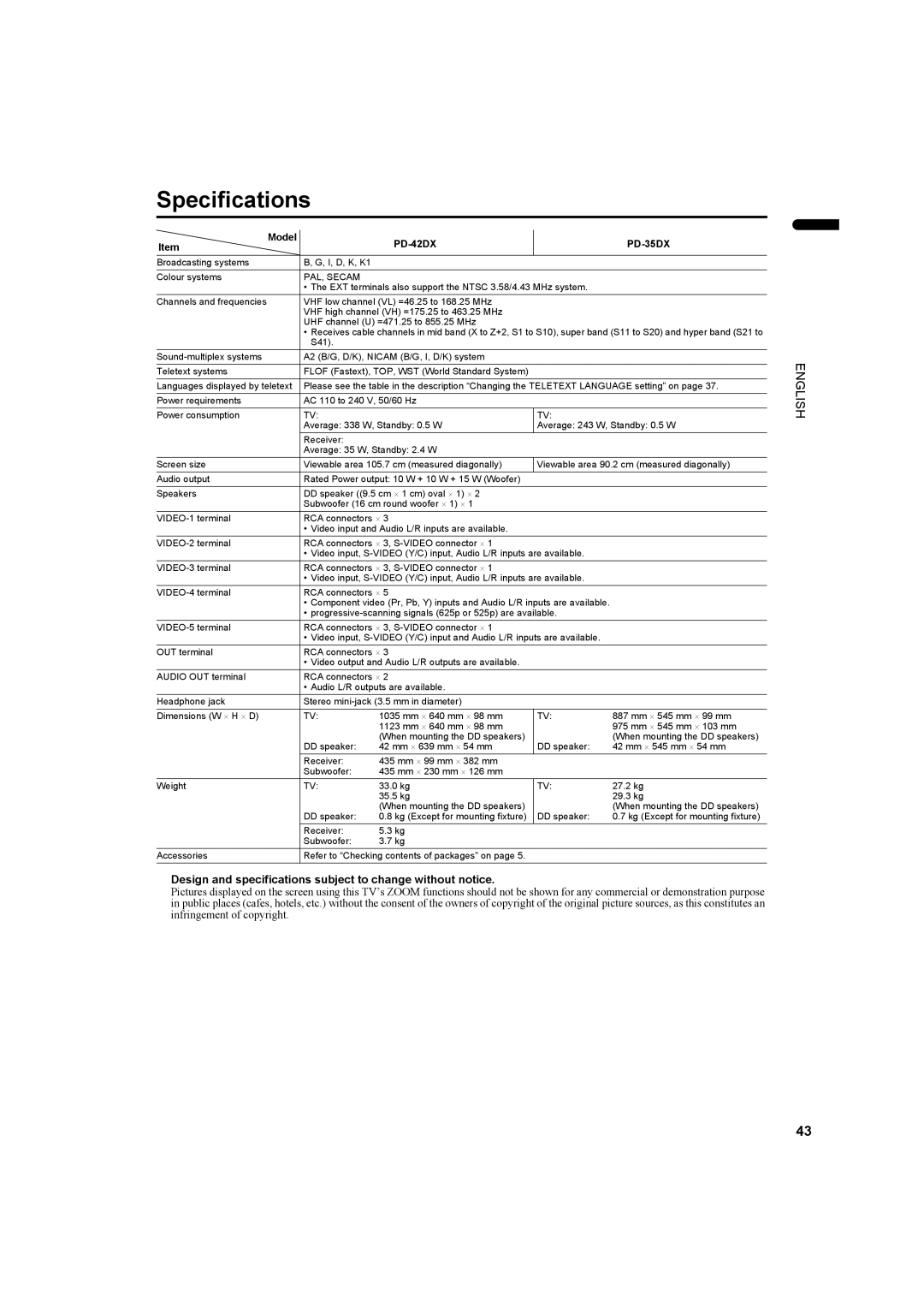 JVC PD-35DX, PD-42DX manual Specifications, Design and specifications subject to change without notice 