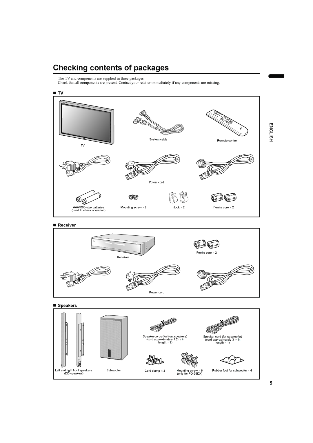 JVC PD-35DX, PD-42DX manual Checking contents of packages 