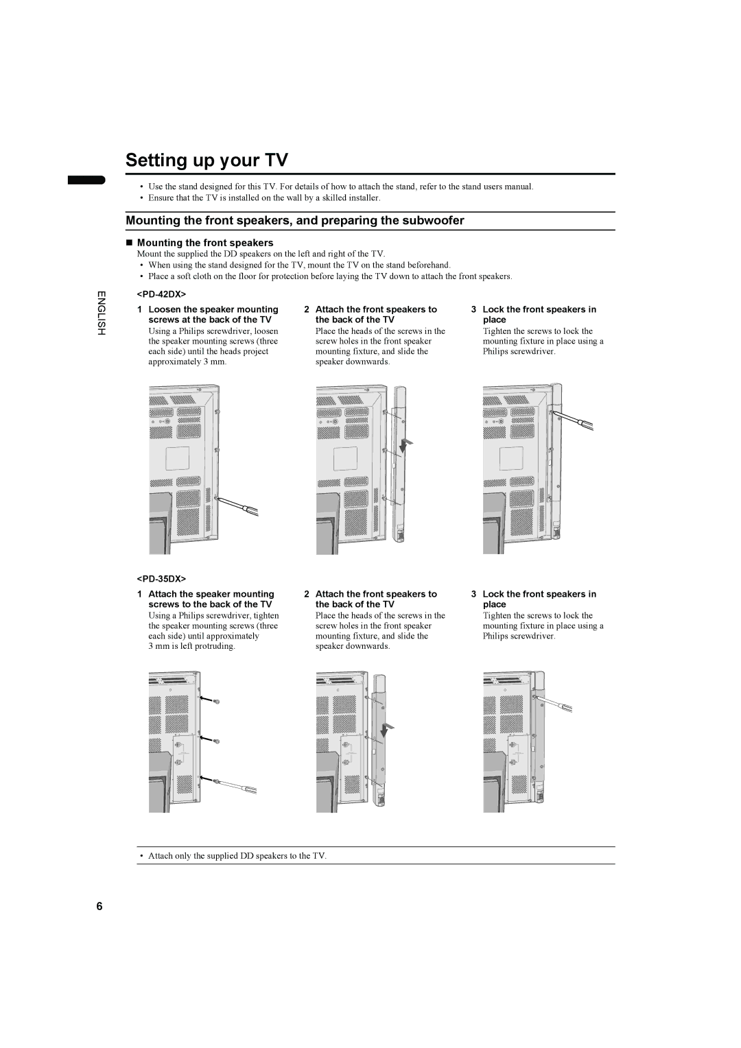 JVC PD-42DX Setting up your TV, Mounting the front speakers, and preparing the subwoofer, „ Mounting the front speakers 