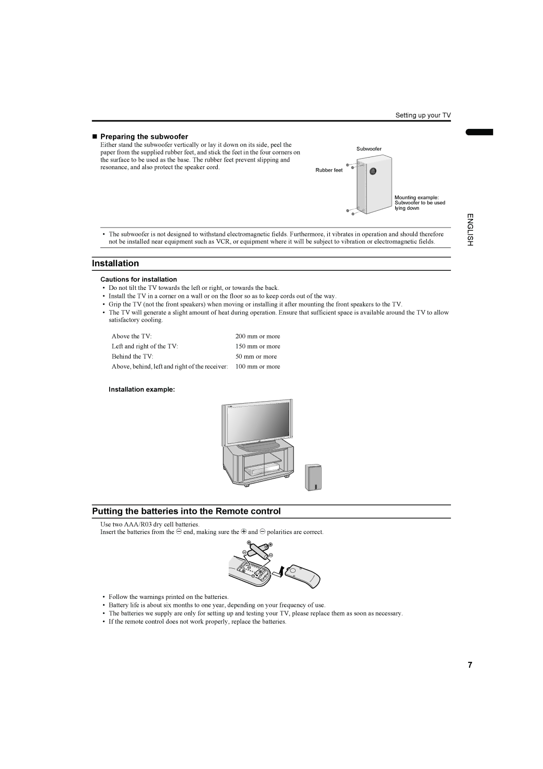 JVC PD-35DX, PD-42DX manual Installation, Putting the batteries into the Remote control, „ Preparing the subwoofer 