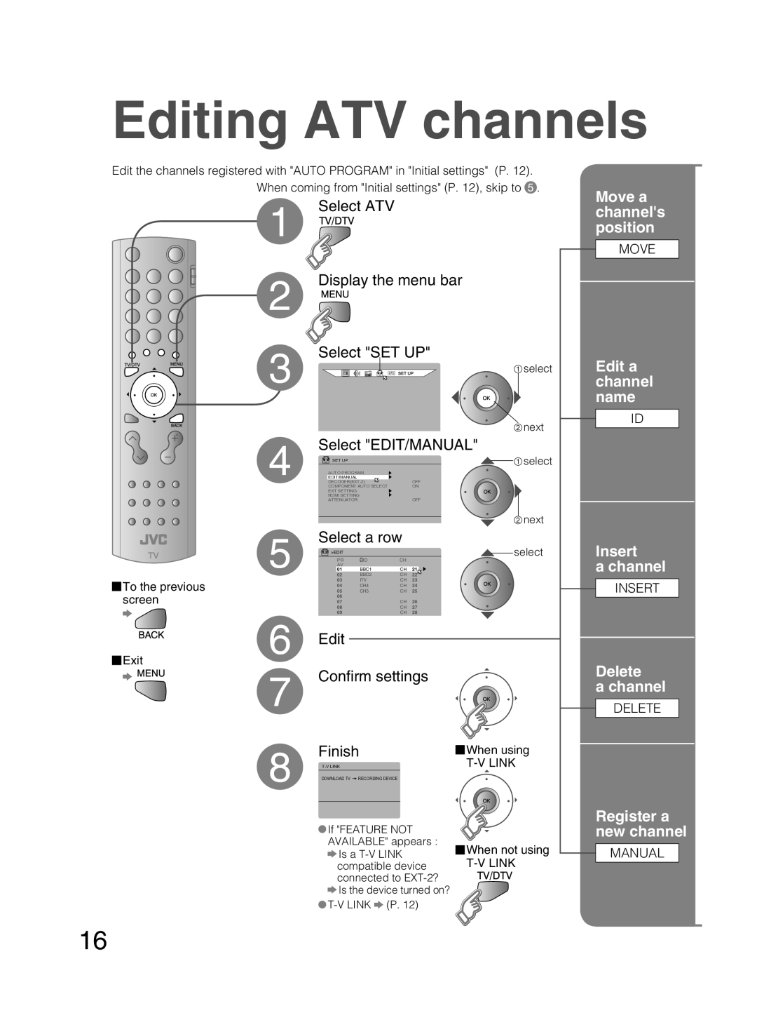 JVC PD-42DX6BJ manual Editing ATV channels, Select ATV, Move a channels position, Edit a channel name Insert Channel 