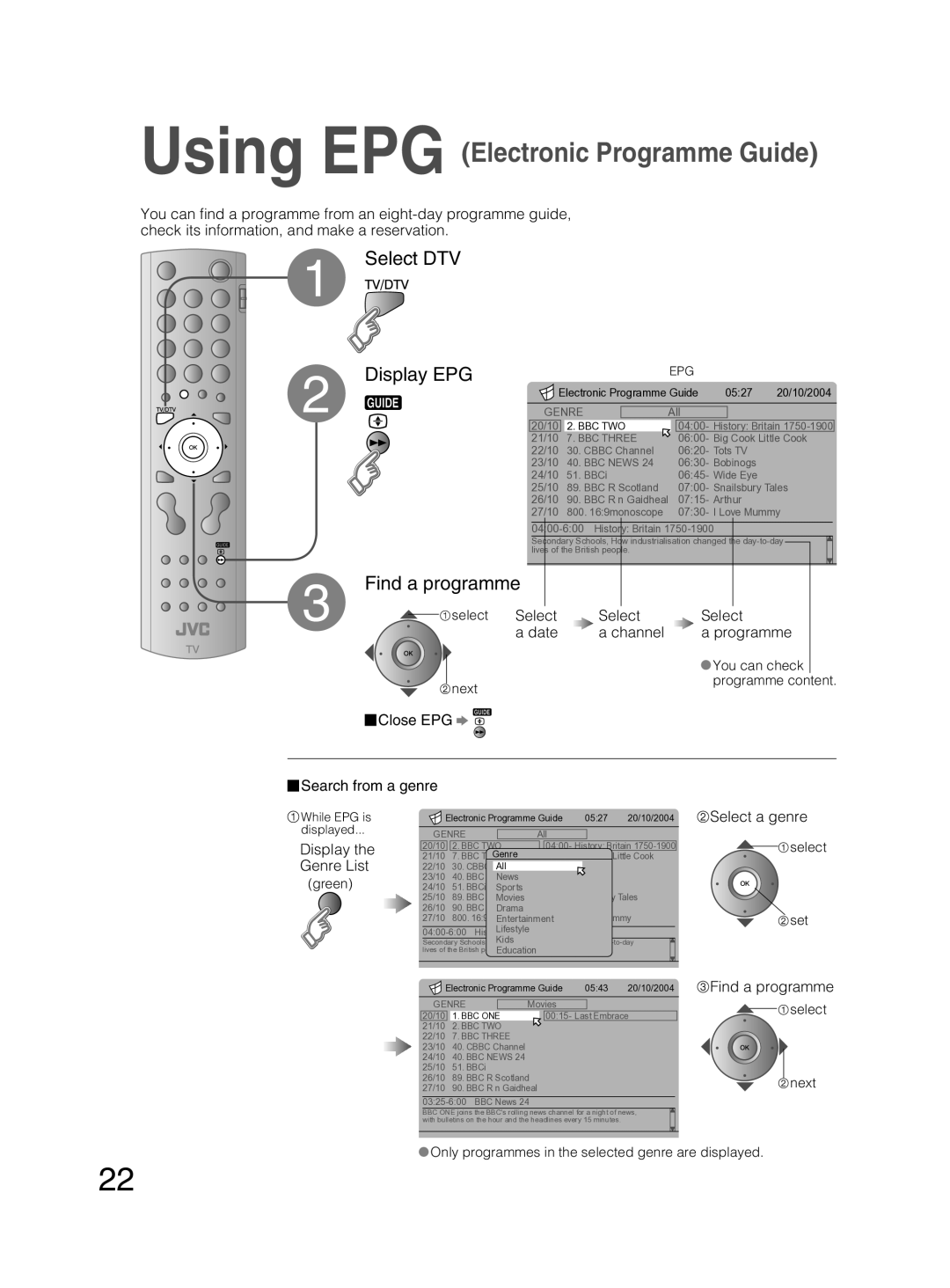 JVC PD-42DX6BJ manual Select Date Channel Programme, Close EPG Search from a genre, Display the Genre List, Select a genre 