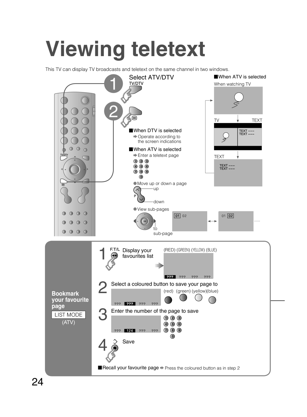 JVC PD-42DX6BJ manual Viewing teletext, List Mode, Display your, Favourites list, Enter the number of the page to save Save 