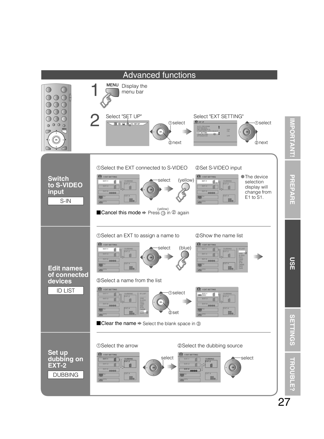 JVC PD-42DX6BJ manual Switch To S-VIDEO input, Edit names of connected devices, Set up dubbing on EXT-2, Dubbing 