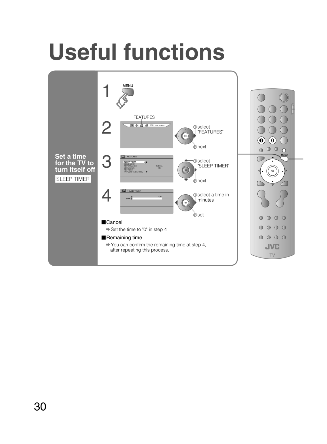 JVC PD-42DX6BJ manual Set a time for the TV to turn itself off, Sleep Timer, Remaining time 