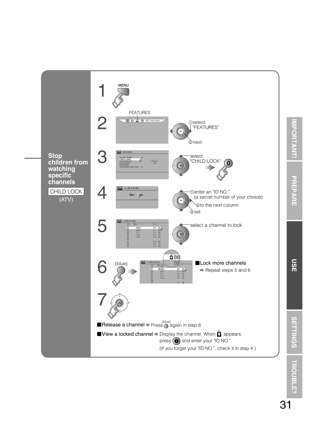 JVC PD-42DX6BJ manual Child Lock ATV, Select a channel to lock, Release a channel 