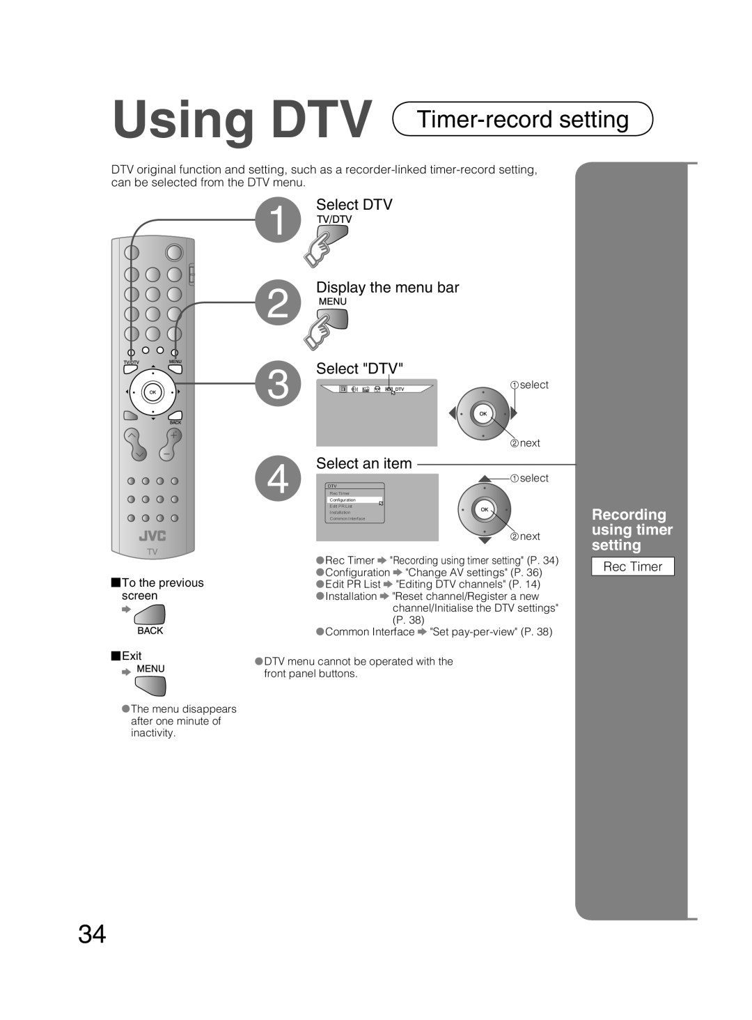 JVC PD-42DX6BJ manual Select DTV Display the menu bar, Recording using timer setting, Rec Timer 